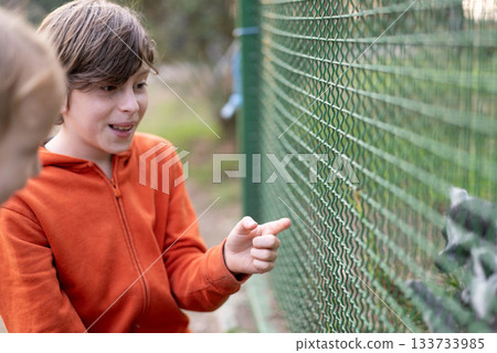 A boy in an orange hoodie shares a delightful moment at the zoo, leaning closely to a fence to connect with an animal. His excitement is palpable as he explores the wonders of nature alongside family. 133733985