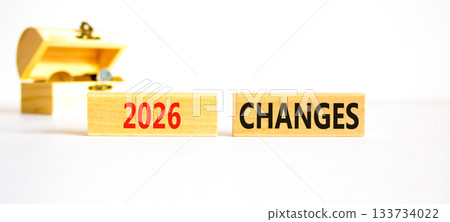 2026 Changes symbol. Concept words 2026 Changes on beautiful wooden blocks. Beautiful white paper background. Beautiful wooden chest with coins. Business and 2026 changes concept. Copy space. 133734022