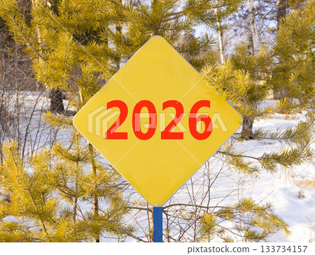 Business concept of 2026 new year symbol. Concept number 2026 Happy new year on beautiful yellow road sign. Beautiful winter forest background. Business 2026 happy new year concept. Copy space. 133734157