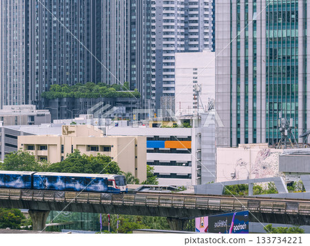 Buildings and Skytrain in central Bangkok, Thailand 133734221