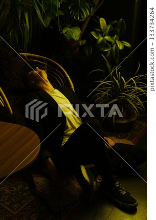 Silhouette of musician amidst foliage with soft illumination 133734264