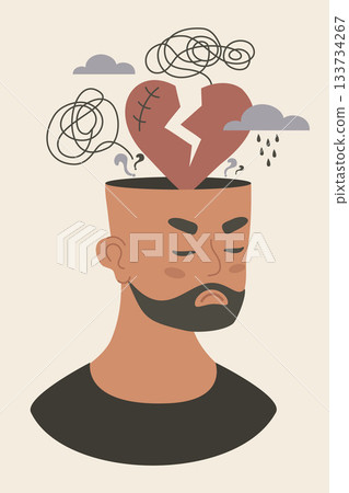 Mental Health. Sad Ethnic Black Man with Broken Heart, rain cloud and Depression Tangled Thoughts from his head. Emotional pain, confusion, Depression and Stress. Flat Vector Illustration. Not AI 133734267