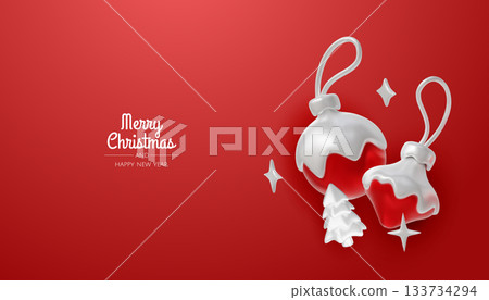 Happy New Year and Merry Christmas. Christmas holiday background with realistic 3d objects, bauble balls, conical metal stars. Levitation falling design composition. Happy New Year and Merry Christmas. Christmas holiday background with realistic 3d objects, bauble balls, conical metal stars. Levitation falling design composition. 133734294