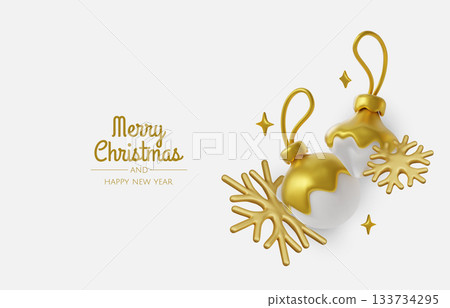 Elegant white and gold Christmas background with gift box and ornaments, perfect festive greeting card or holiday banner for brands. 133734295
