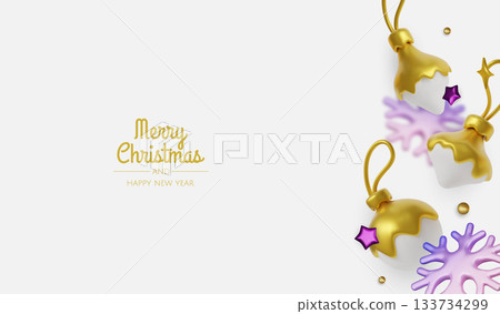 Minimal Christmas layout featuring gold ornaments, stars and snowflakes, ideal for holiday cards, banners and festive branding Minimal Christmas layout featuring gold ornaments, stars and snowflakes, ideal for holiday cards, banners and festive branding 133734299