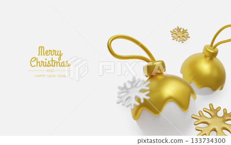Festive greeting card design with elegant gold decorations and soft white elements for Christmas and New Year themes 133734300