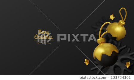 Elegant black and gold Christmas background with shiny ornaments and snowflakes, perfect for luxury holiday greetings, banners, and festive advertising designs Elegant black and gold Christmas background with shiny ornaments and snowflakes, perfect for luxury holiday greetings, banners, and festive advertising designs 133734301