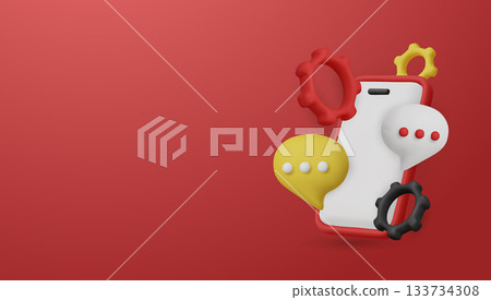 3D smartphone with chat bubbles and gears. A concept for customer support, chatbot services, and technical assistance. 133734308