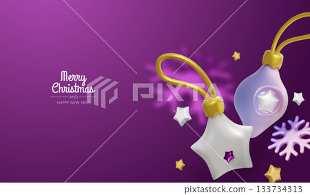 Happy New Year and Merry Christmas. Christmas holiday background with realistic 3d objects, bauble balls, conical metal stars. Levitation falling design composition. 133734313