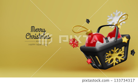 Christmas and New Year Sale. Red bright realistic 3d holiday object design, shopping bag, gift box. Promo sale, advertising banner, web poster. vector illustration Christmas and New Year Sale. Red bright realistic 3d holiday object design, shopping bag, gift box. Promo sale, advertising banner, web poster. vector illustration 133734317