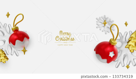 Happy New Year and Merry Christmas. Christmas holiday background with realistic 3d objects, bauble balls, conical metal stars. Levitation falling design composition. Happy New Year and Merry Christmas. Christmas holiday background with realistic 3d objects, bauble balls, conical metal stars. Levitation falling design composition. 133734319