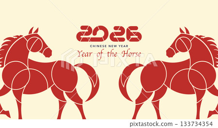 2026 Chinese New Year vintage background. Year of the Horse. Vector modern art red geometric numbers design for cover, card, poster, banner, logo zodiac sign template 2026 Chinese New Year vintage background. Year of the Horse. Vector modern art red geometric numbers design for cover, card, poster, banner, logo zodiac sign template 133734354