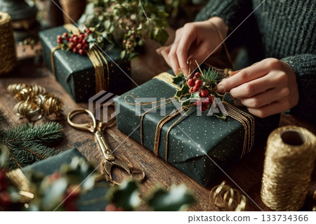 Elegant holiday gift wrapping with beige paper, burgundy ribbon and pine branch for Christmas celebration 133734366