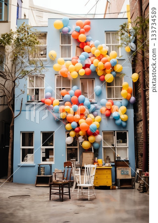 a small European courtyard decorated with balloons on the exterior of the house, with cozy furniture, chairs and a table 133734589