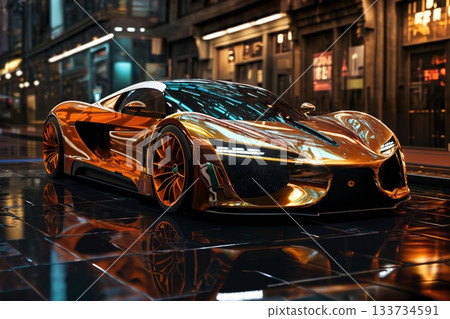 futuristic car on a glossy road, transport of the future, city streets 133734591