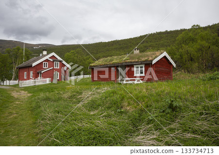 Red wooden houses in Kongsvoll, a scenic area of Dovrefjell Sunndalsfjella national park in Norway during a cloudy day 133734713