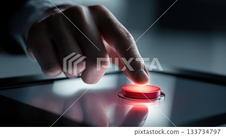 Close-Up Of A Hand Pressing A Red Button On A Glass Screen For Decision, Power, And Tech 133734797