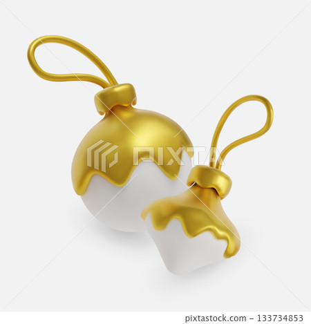 Stylish 3D collection of gold-and-white Christmas baubles ideal for winter celebrations, decorative layouts, promotional graphics and holiday illustrations 133734853