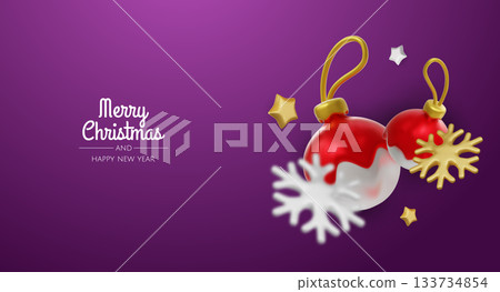 Happy New Year and Merry Christmas. Christmas holiday background with realistic 3d objects, bauble balls, conical metal stars, gift. Levitation falling design composition 133734854