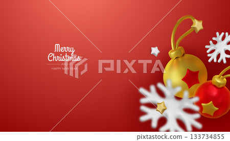 Happy New Year and Merry Christmas. Christmas holiday background with realistic 3d objects, bauble balls, conical metal stars, gift. Levitation falling design composition 133734855