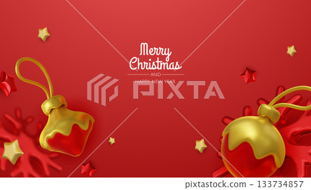 Minimal Christmas layout featuring gold ornaments, stars and snowflakes, ideal for holiday cards, banners and festive branding 133734857