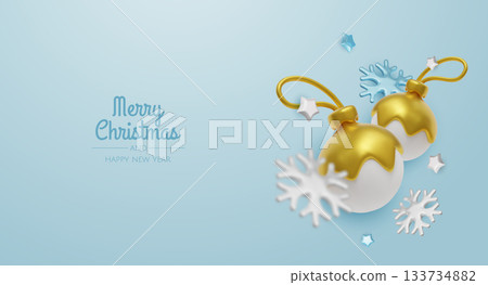 Elegant Christmas greeting card with golden ornaments and white snowflakes on a clean minimal background for festive holiday design 133734882
