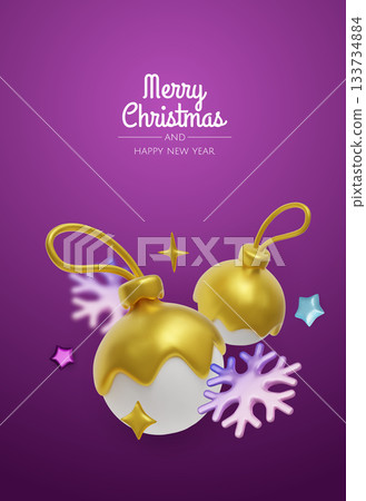 Festive greeting card design with elegant gold decorations and soft white elements for Christmas and New Year themes 133734884