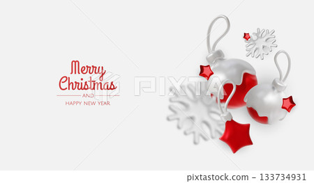 Happy New Year and Merry Christmas. Christmas holiday background with realistic 3d objects, bauble balls, conical metal stars. Levitation falling design composition. Happy New Year and Merry Christmas. Christmas holiday background with realistic 3d objects, bauble balls, conical metal stars. Levitation falling design composition. 133734931