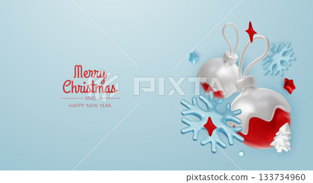 Happy New Year and Merry Christmas. Christmas holiday background with realistic 3d objects, bauble balls, conical metal stars. Levitation falling design composition. 133734960