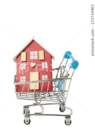 Shoping cart with wooden house isolated on white background Shoping cart with wooden house isolated on white background 133734963