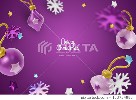 Happy New Year and Merry Christmas. Christmas holiday background with realistic 3d objects, bauble balls, conical metal stars. Levitation falling design composition. 133734993