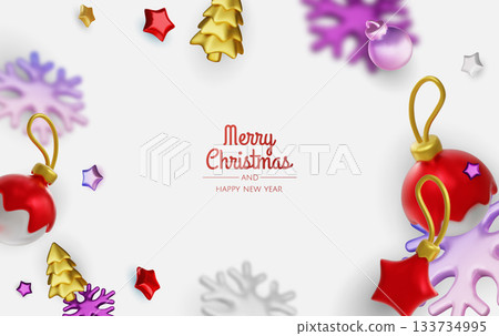 Happy New Year and Merry Christmas. Christmas holiday background with realistic 3d objects, bauble balls, conical metal stars. Levitation falling design composition. Happy New Year and Merry Christmas. Christmas holiday background with realistic 3d objects, bauble balls, conical metal stars. Levitation falling design composition. 133734995