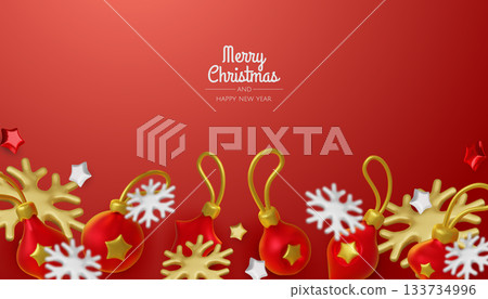 Happy New Year and Merry Christmas. Christmas holiday background with realistic 3d objects, bauble balls, conical metal stars. Levitation falling design composition. 133734996