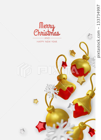 Happy New Year and Merry Christmas. Christmas holiday background with realistic 3d objects, bauble balls, conical metal stars. Levitation falling design composition. 133734997