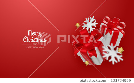 Festive Christmas scene with gift boxes and snowflakes on a soft red background. Festive Christmas scene with gift boxes and snowflakes on a soft red background. 133734999