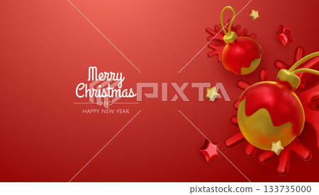 Happy New Year and Merry Christmas. Christmas holiday background with realistic 3d objects, bauble balls, conical metal stars. Levitation falling design composition. 133735000