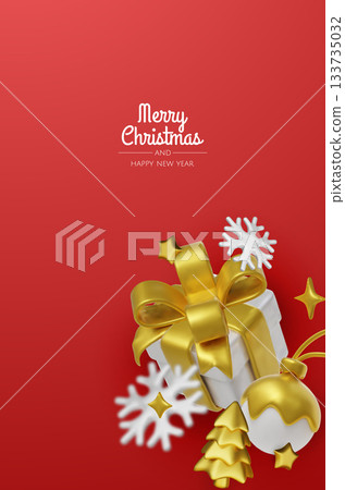 Festive greeting card design with elegant gold decorations and soft white elements for Christmas and New Year themes Festive greeting card design with elegant gold decorations and soft white elements for Christmas and New Year themes 133735032