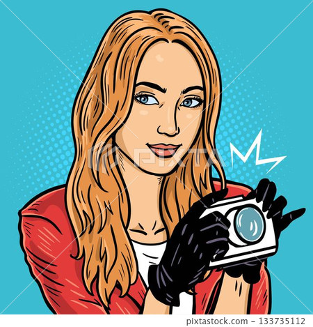 Woman holding camera with gloves, pop art vector illustration Woman holding camera with gloves, pop art vector illustration 133735112