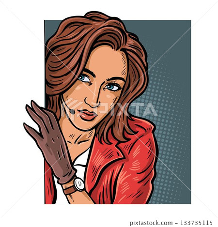 Female secret agent observing target, pop art vector illustration Female secret agent observing target, pop art vector illustration 133735115