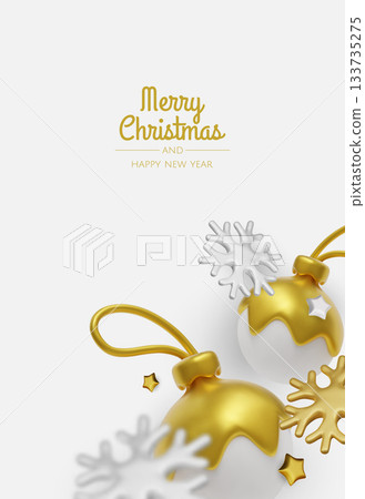 Elegant Christmas greeting card with golden ornaments and white snowflakes on a clean minimal background for festive holiday design Elegant Christmas greeting card with golden ornaments and white snowflakes on a clean minimal background for festive holiday design 133735275