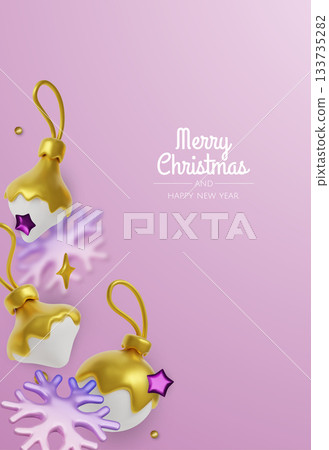 Elegant Christmas greeting card with golden ornaments and white snowflakes on a clean minimal background for festive holiday design Elegant Christmas greeting card with golden ornaments and white snowflakes on a clean minimal background for festive holiday design 133735282