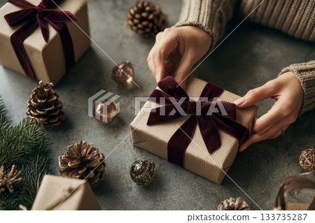 Elegant holiday gift wrapping with beige paper, burgundy ribbon and pine branch for Christmas celebration 133735287