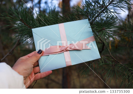 Hand holding a certificate with a pink bow against pine branches background 133735300