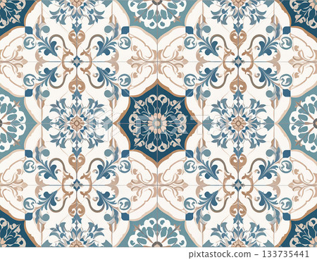 Interior design sample. Ceramic tiles with geometric patterns in natural color. Texture of building materials. Design mockup and background. 133735441
