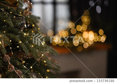 Christmas tree branches with golden lights and ornaments in cozy dark room Christmas tree branches with golden lights and ornaments in cozy dark room 133736180