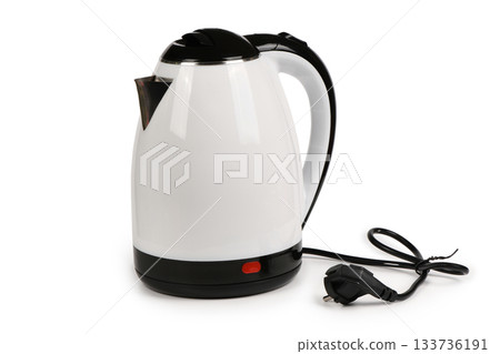 White and Black Electric Kettle with Power Cord Isolated on White, clipping paths included. White and Black Electric Kettle with Power Cord Isolated on White, clipping paths included. 133736191