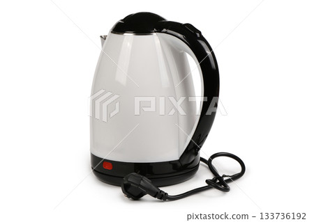 White and Black Electric Kettle with Power Cord Isolated on White, clipping paths included. White and Black Electric Kettle with Power Cord Isolated on White, clipping paths included. 133736192