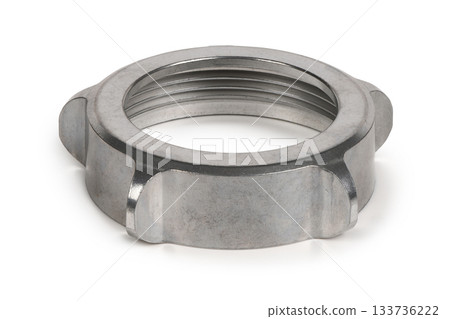 Metal Screw Ring or Locking Nut for Meat Grinder Head Isolated on White clipping paths included 133736222