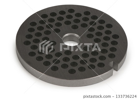 Dark Metal Perforated Grinding Plate for Meat Mincer Isolated on White clipping paths included 133736224