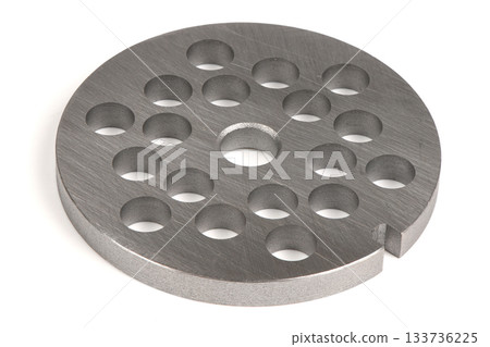 Dark Metal Perforated Grinding Plate for Meat Mincer Isolated on White 133736225